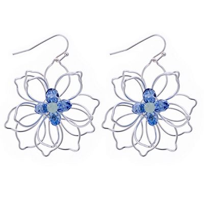 Blue silver wire flower earring